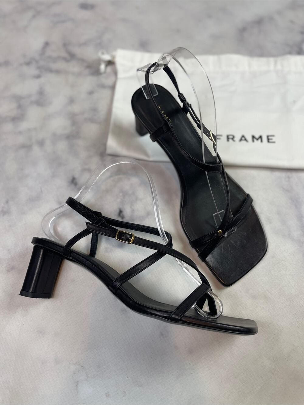 FRAME Le Braxton Black Strappy Leather Heel Sandals Sz 38.5/7.5-8